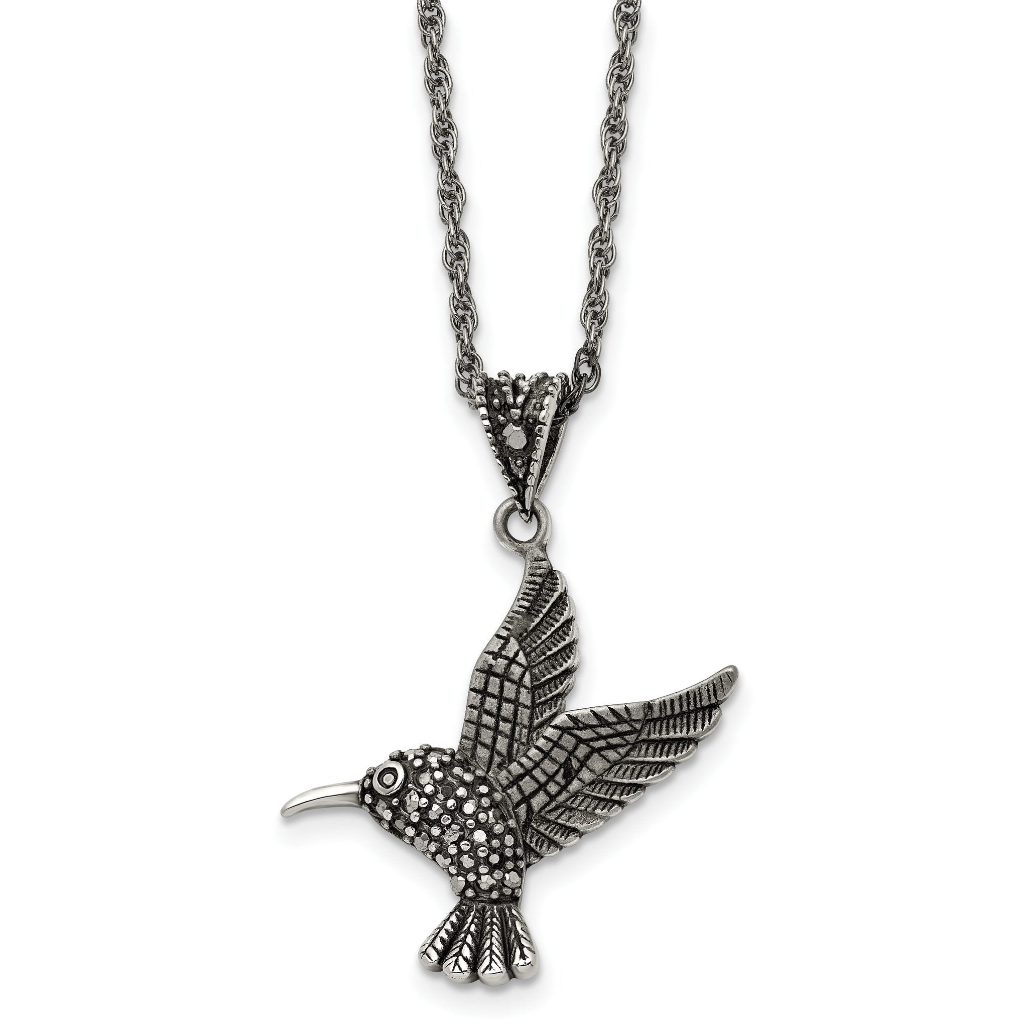 Chisel Stainless Steel Antiqued and Polished with Marcasite Hummingbird Pendant on an 18 inch Singapore Chain Necklace Main image