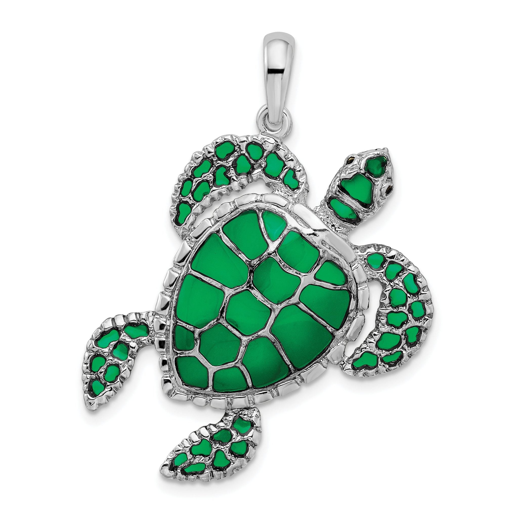 De-Ani Sterling Silver Rhodium-Plated Polished Enameled Green Sea Turtle Pendant Main image