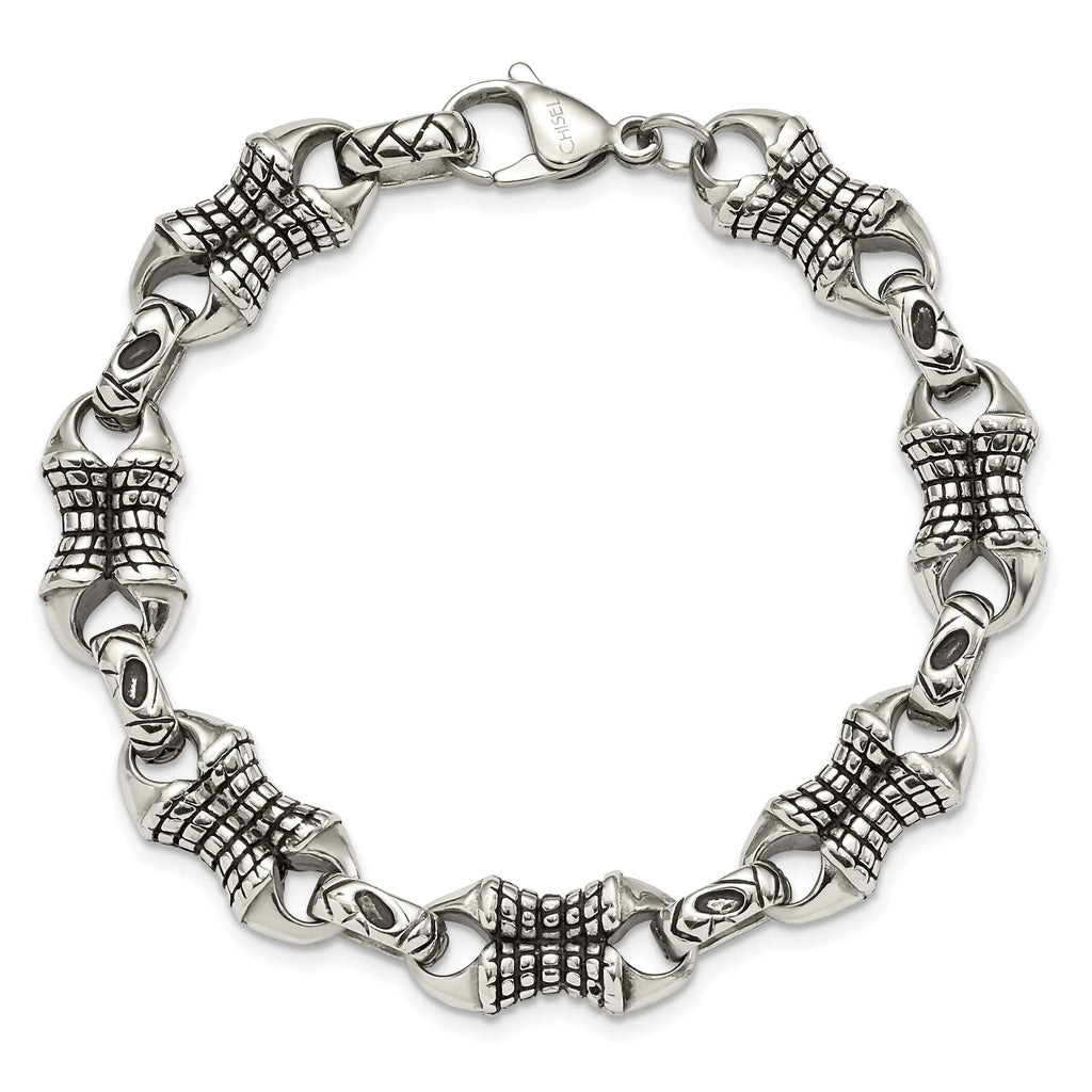 Stainless Steel Antiqued and Polished Patterned Link Bracelet for Men