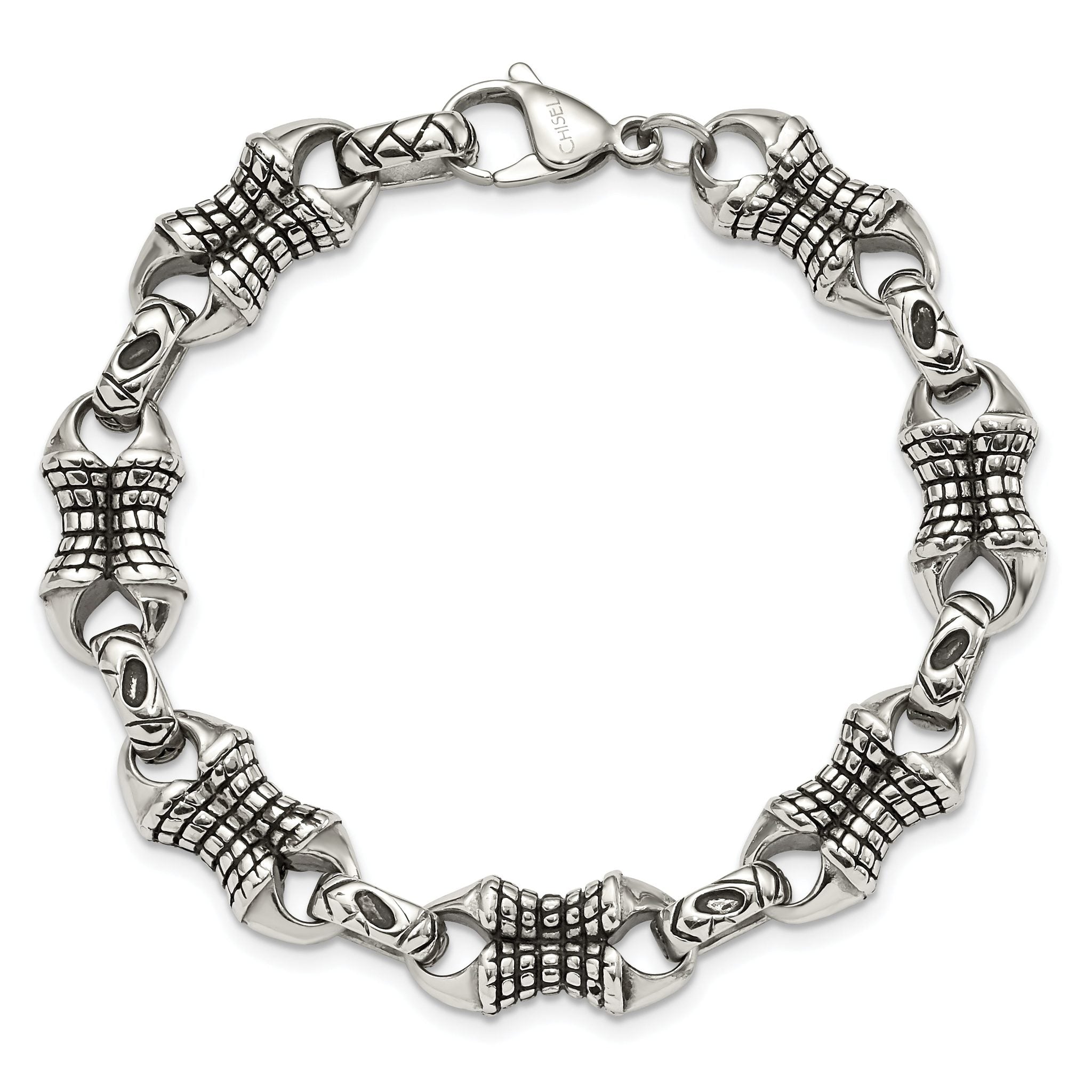 Stainless Steel Antiqued and Polished Patterned Link Bracelet for Men