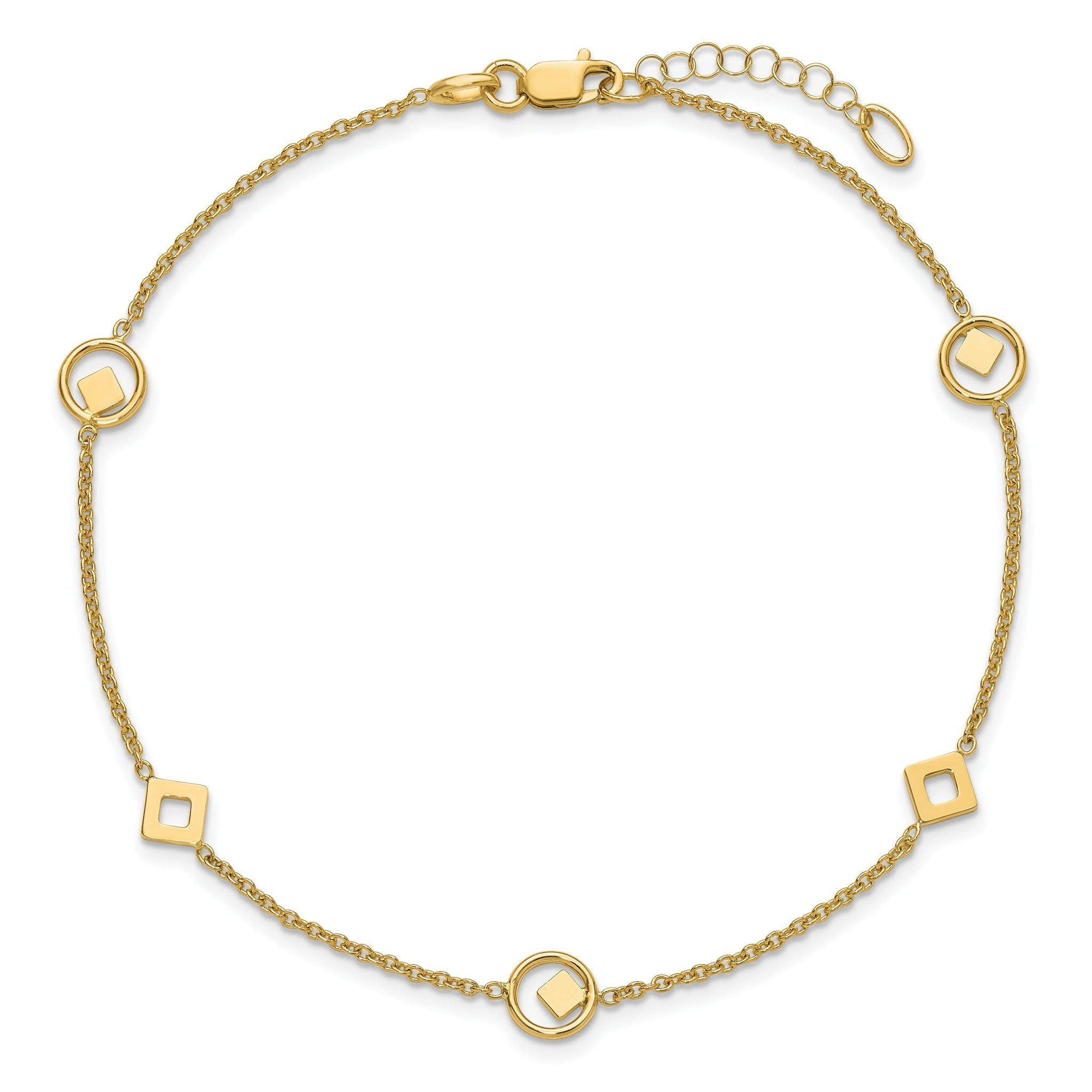 14K Polished Geometric 5-Station 9 inch Plus 1 inch Extender - Total 10 inch Anklet