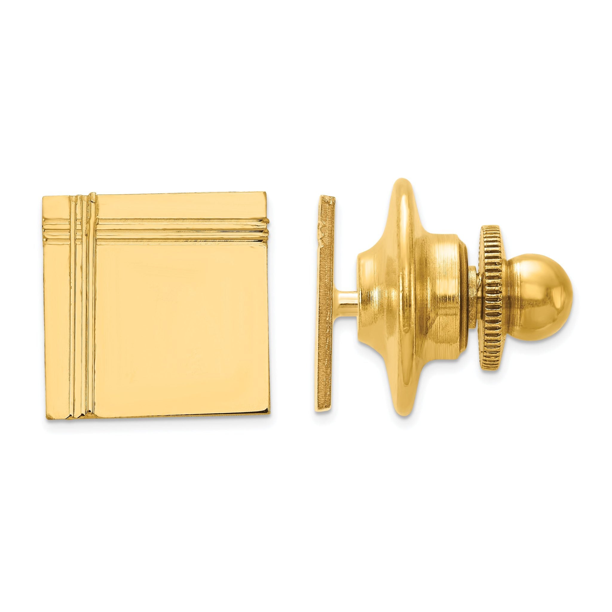 14K Gold Men's Square Tie Tac with Polished Grooved Design