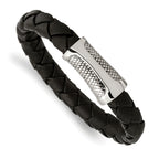 Stainless Steel Polished and Textured Black Braided Leather Bracelet for Men