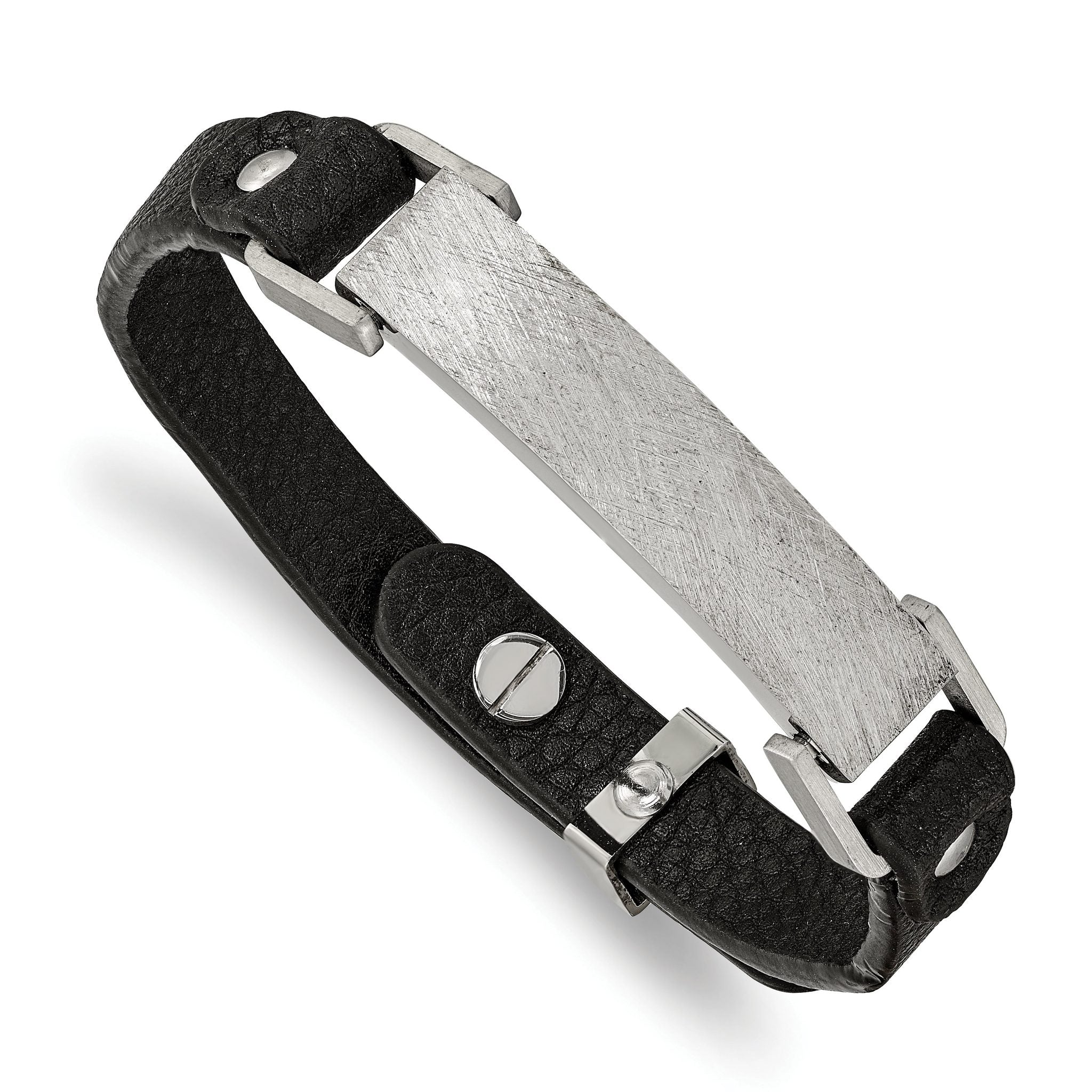 Stainless Steel Polished Scratch Finished Black Leather Adjustable ID Bracelet for Men Main image