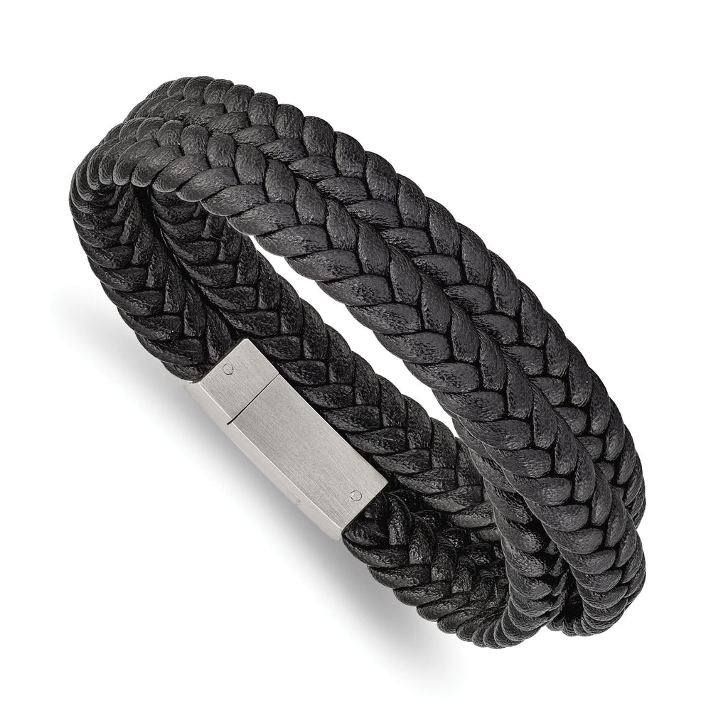 Stainless Steel Brushed Black Braided Leather Wrap Bracelet for Men