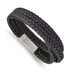 Stainless Steel Brushed Black Braided Leather Wrap Bracelet for Men