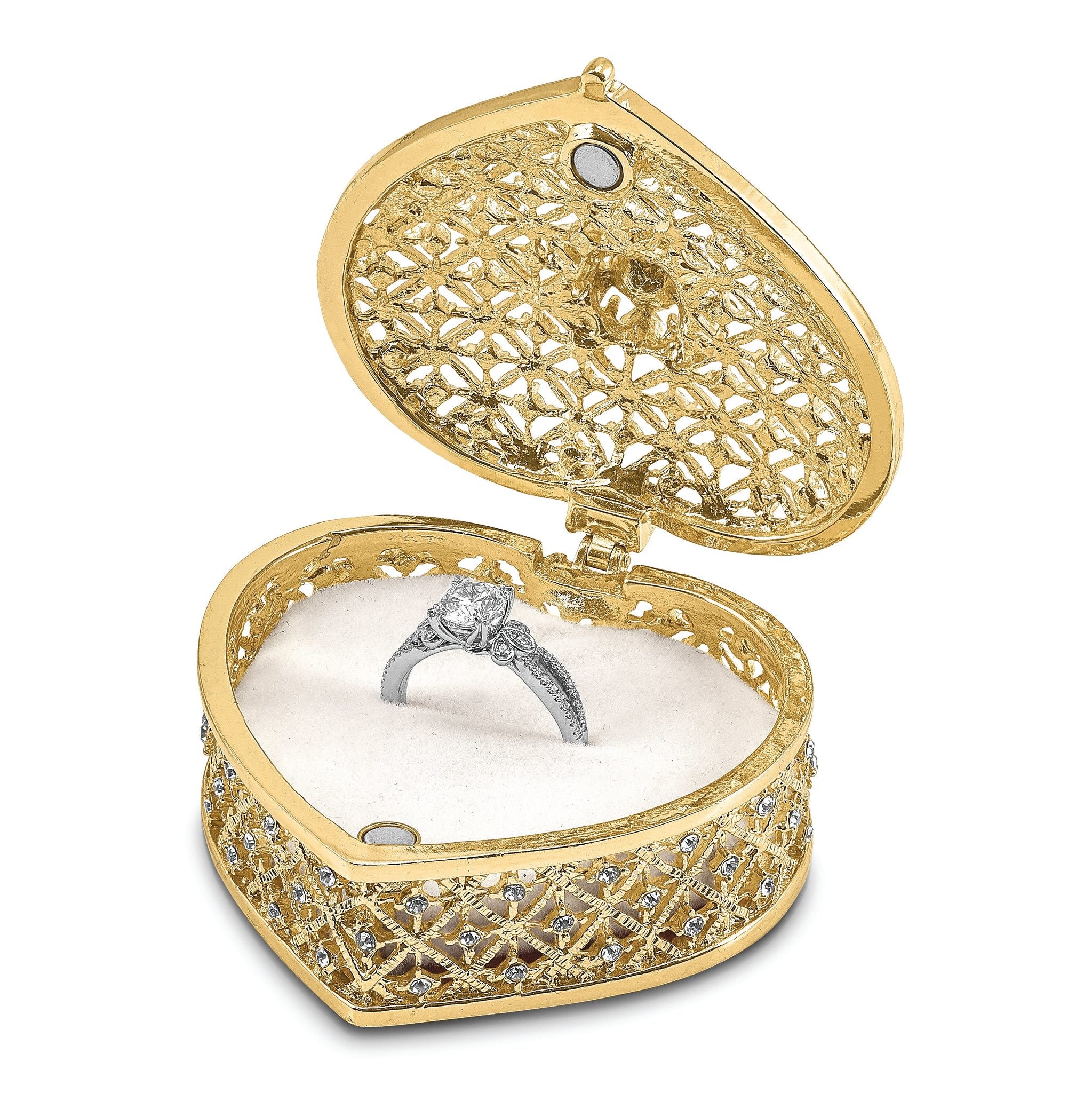 Luxury Giftware Pewter Bejeweled Crystals Gold-tone Enameled ROMANCE Filigree Heart With Ring Pad Trinket Box with Matching 18 Inch Necklace