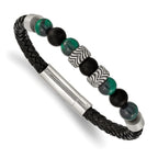 Stainless Steel Antiqued and Polished Black Agate and Green Tiger's Eye Beads Black Leather Bracelet for Men