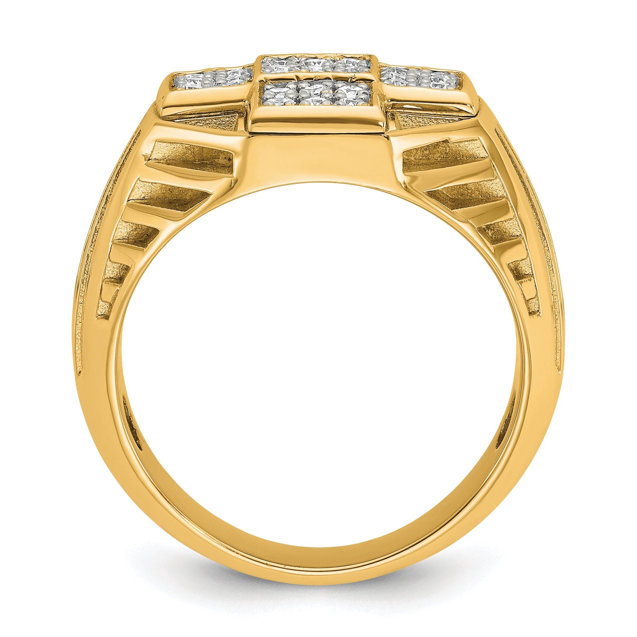 10k Men's Polished Textured and Grooved 1/2 Carat A Quality Diamond Cross Cluster Ring