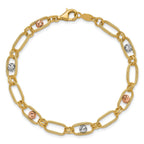 14K Tri-color Polished/Textured/Dia-cut Fancy Link Bracelet