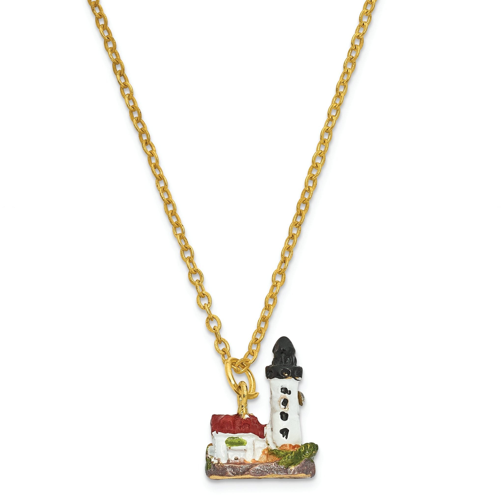 Luxury Giftware by Jere Pewter Bejeweled Crystals Gold-tone Enameled LUMI Guiding Lighthouse Trinket Box with Matching 18 Inch Necklace