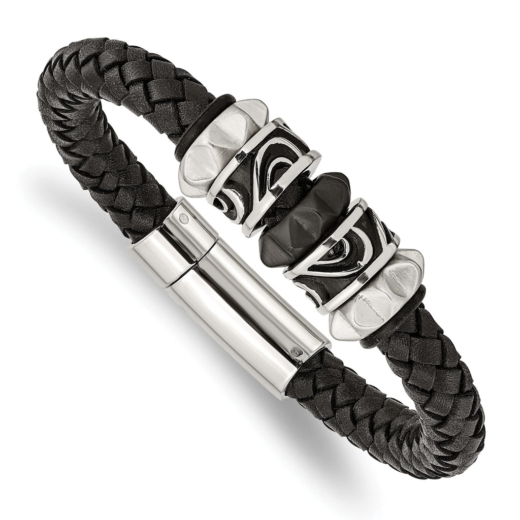 Stainless Steel Antiqued Brushed and Polished Black IP-plated Black Braided Leather Bracelet for Men