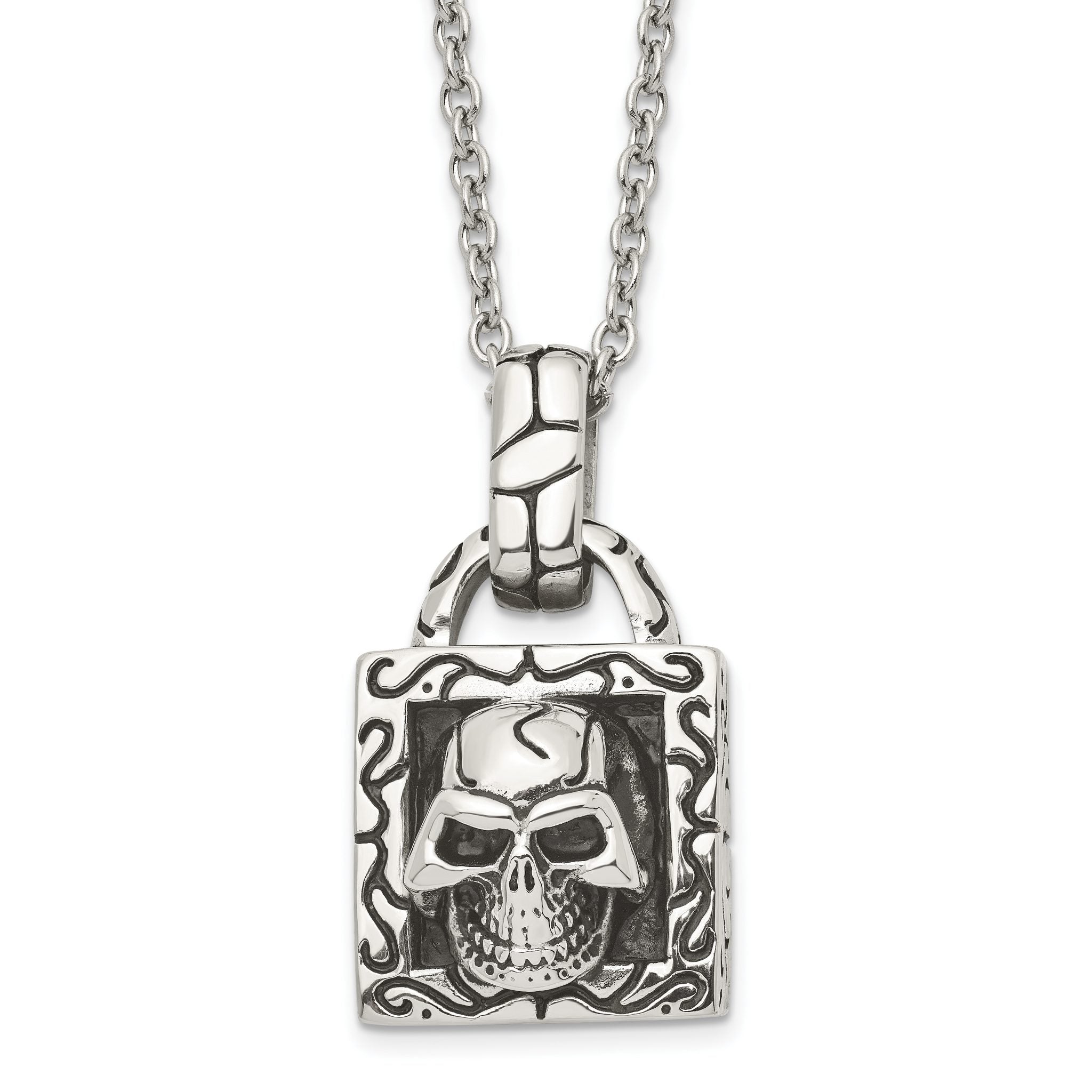 Stainless Steel Antiqued and Polished Skull 22in Necklace Main image