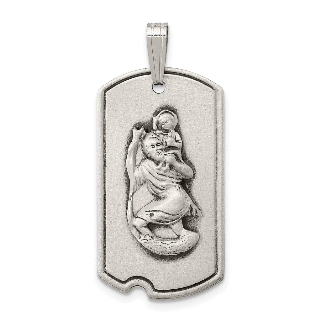 Sterling Silver 925 St. Christopher Dog Tag Pendant with Antiqued Finish