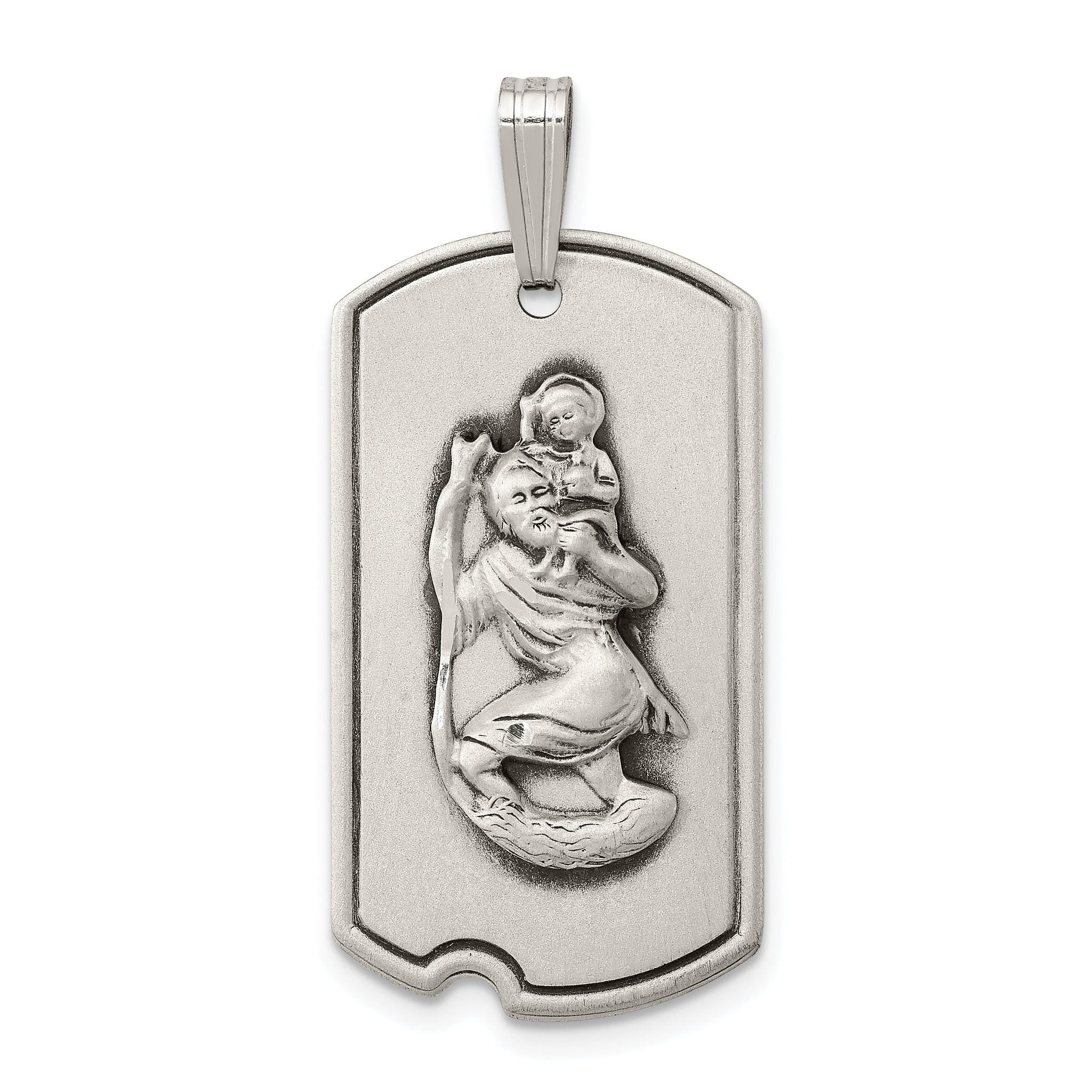 Sterling Silver 925 St. Christopher Dog Tag Pendant with Antiqued Finish