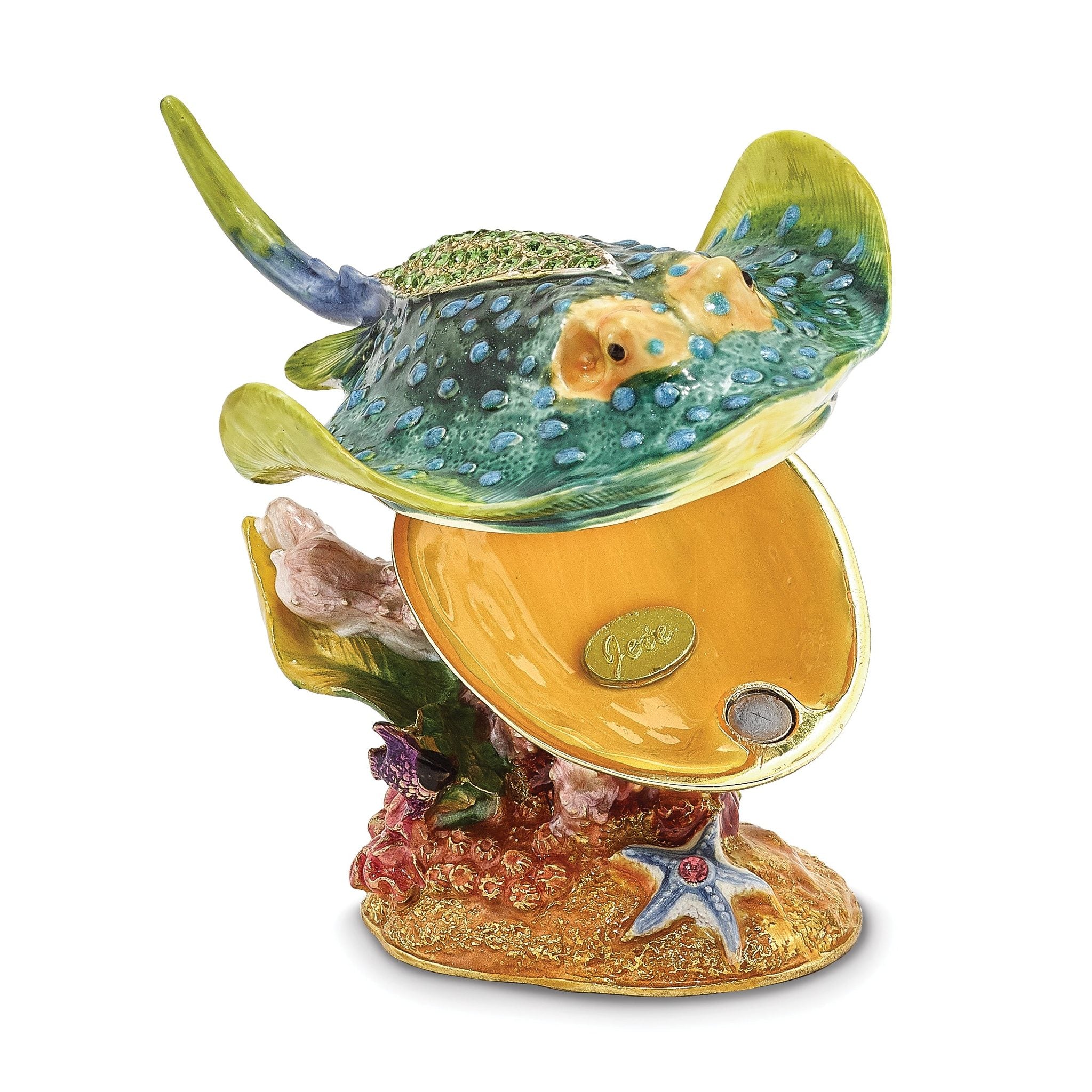 Luxury Giftware by Jere Pewter Bejeweled Crystals Gold-tone Enameled BARBY Stingray Trinket Box with Matching 18 Inch Necklace