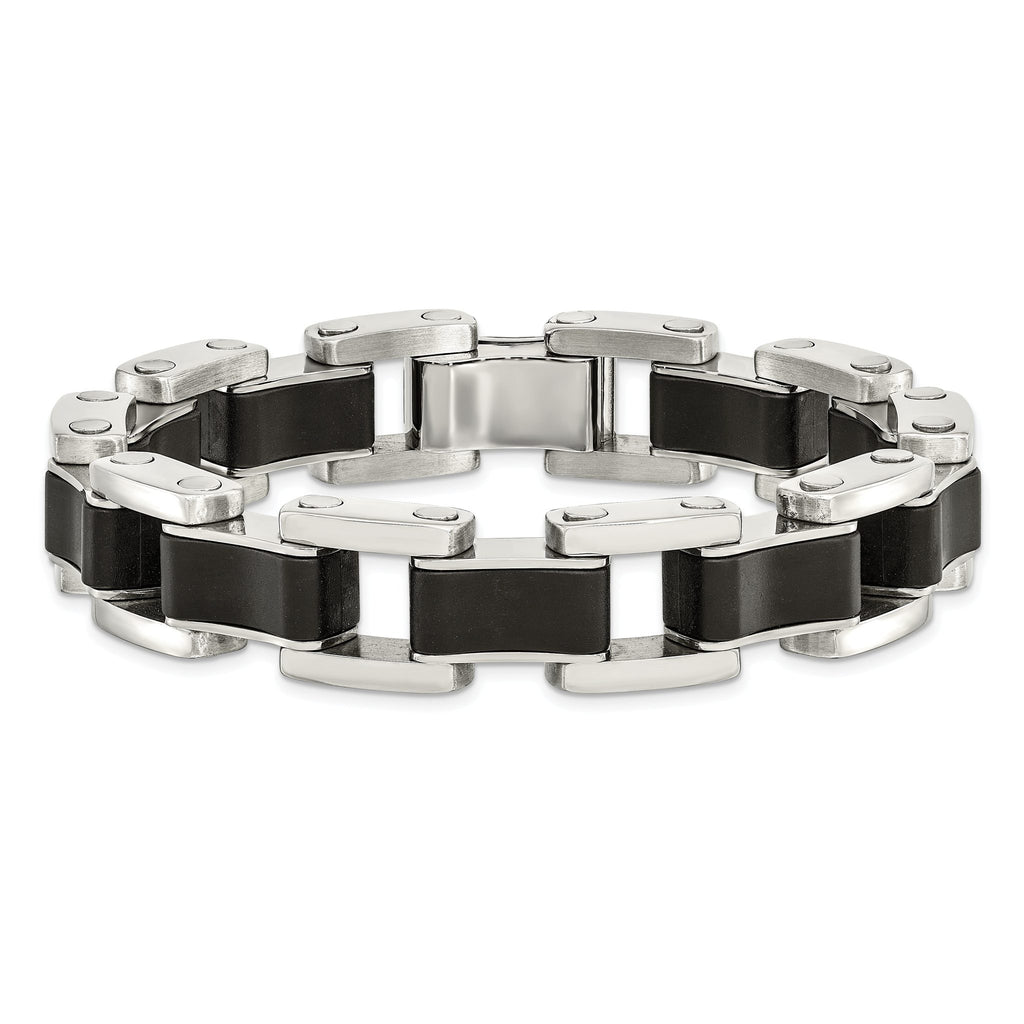 Stainless Steel Polished with Black Rubber Inlay Link Bracelet for Men