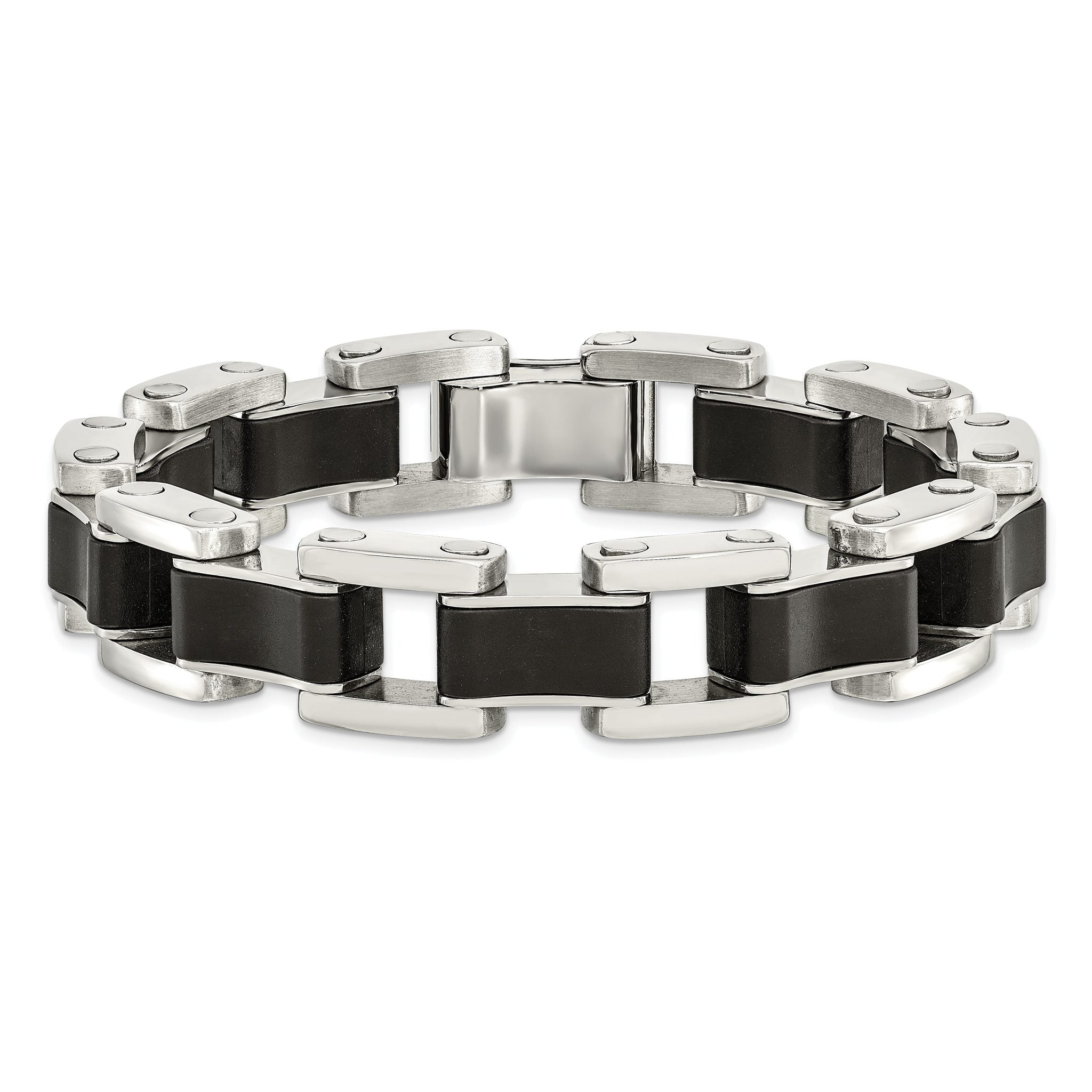 Stainless Steel Polished with Black Rubber Inlay Link Bracelet for Men