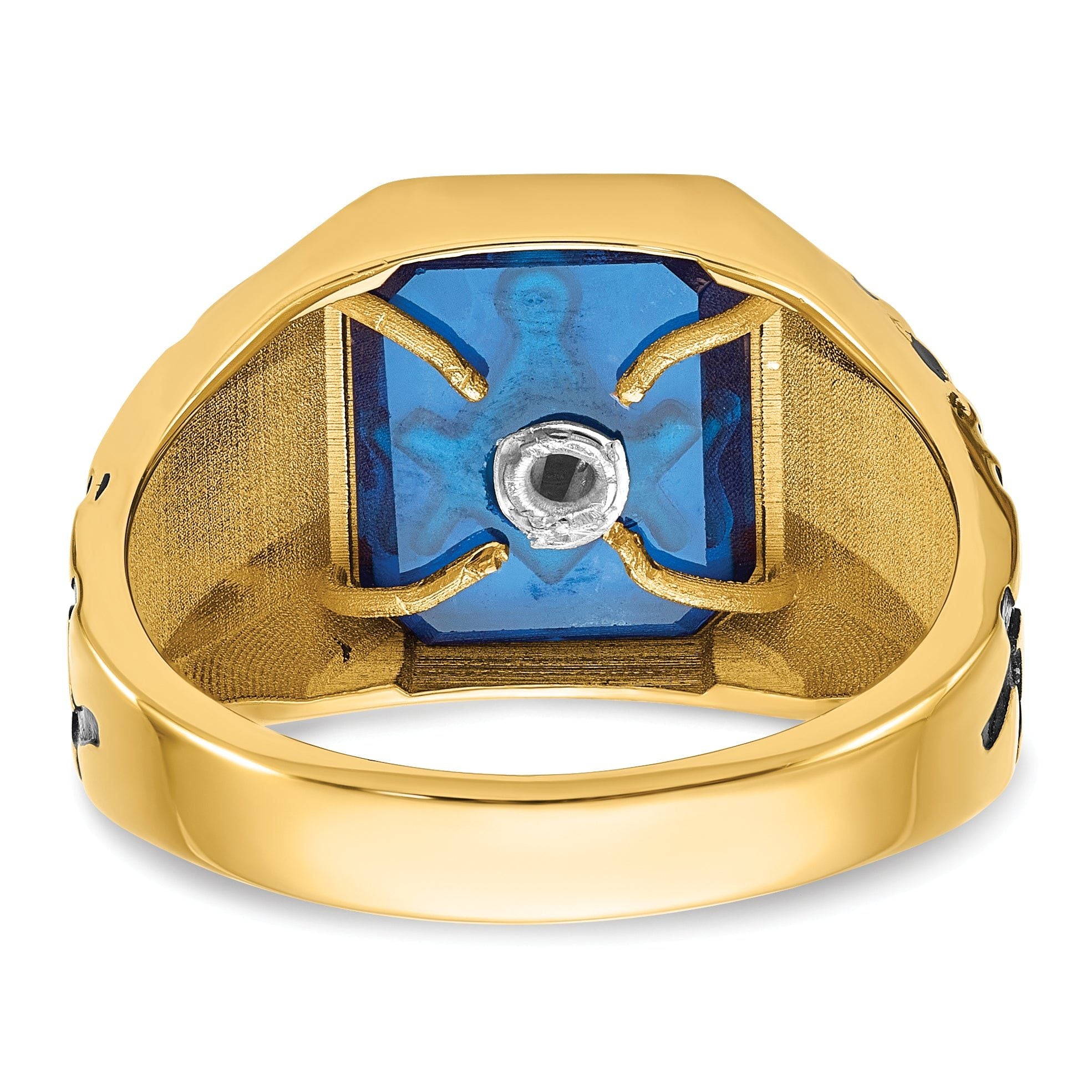 14k Men's Polished, Antiqued and Grooved with Imitation Blue Spinel Masonic Ring