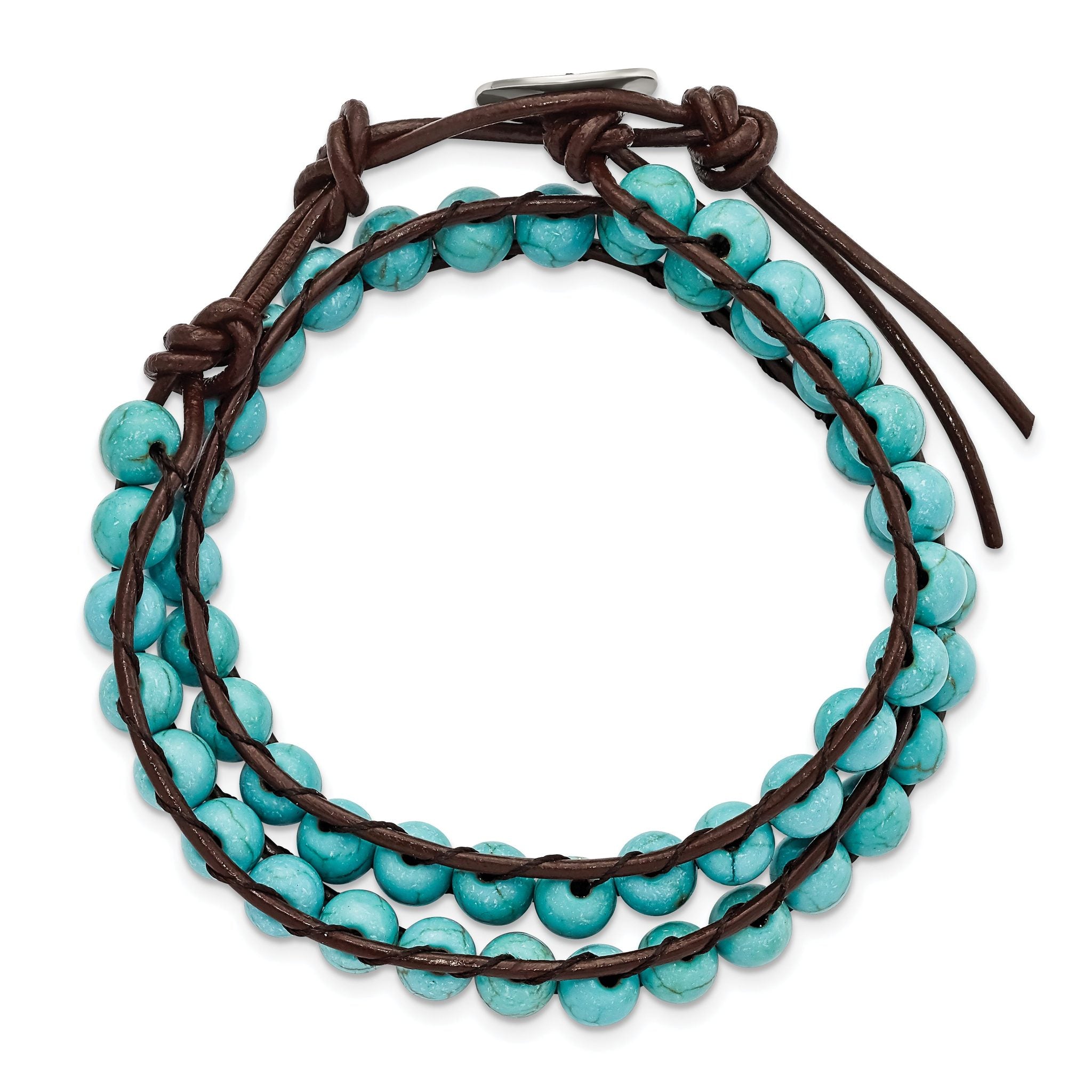 Turquoise Leather Wrap Bracelet in Stainless Steel, 6mm