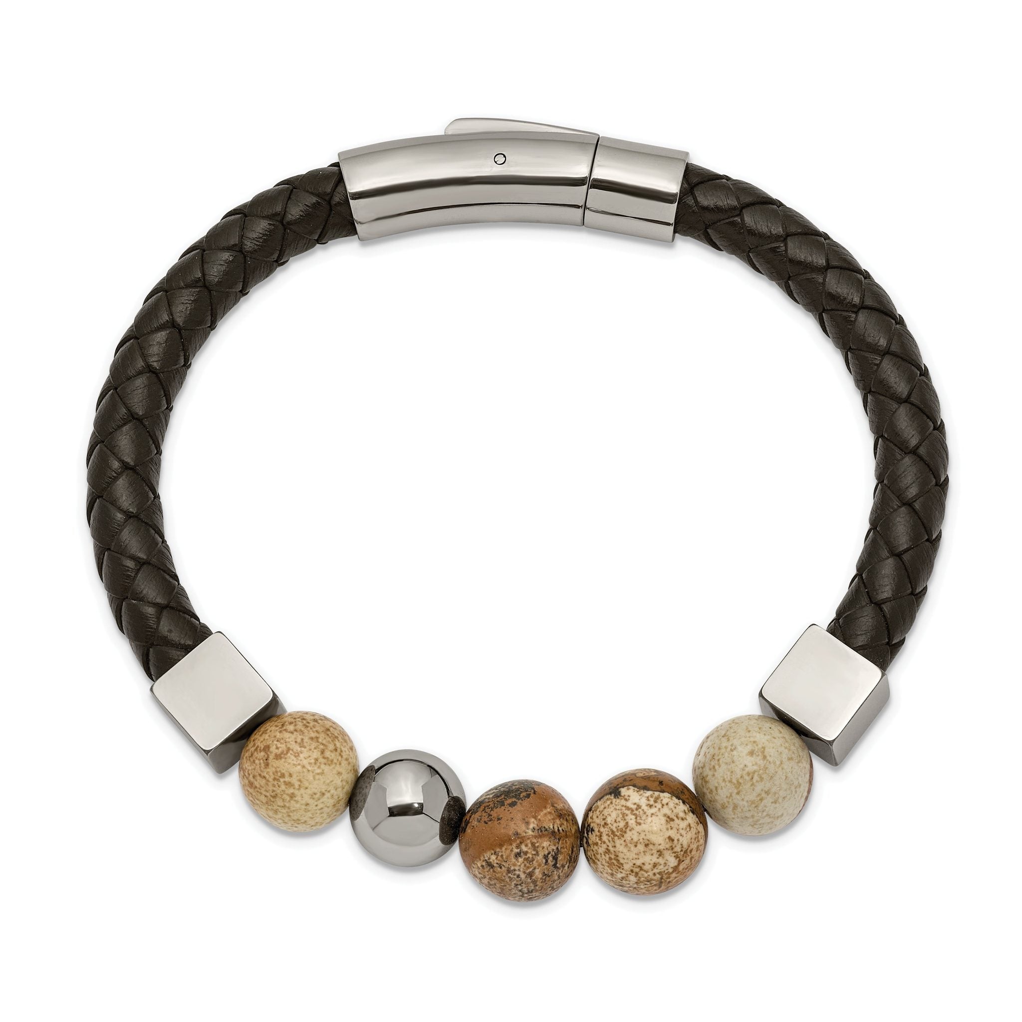 Stainless Steel Polished with Brown Jasper Beads Black Leather Bracelet for Men Secondary image