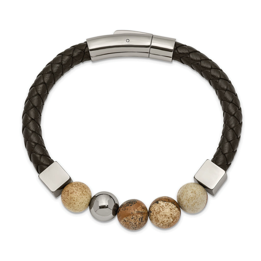 Stainless Steel Polished with Brown Jasper Beads Black Leather Bracelet for Men