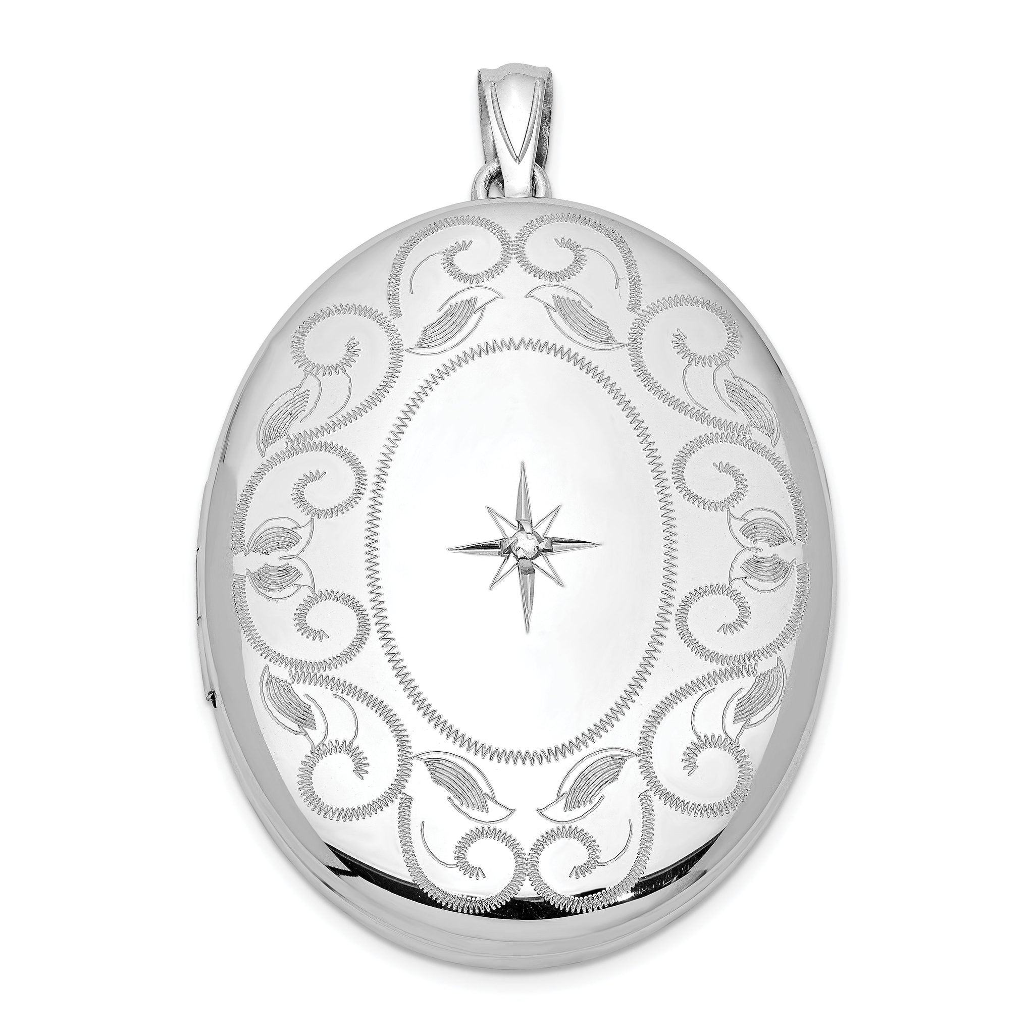 Sterling Silver Rhodium-plated & Diamond With  Swirl Border 34mm Oval Locket