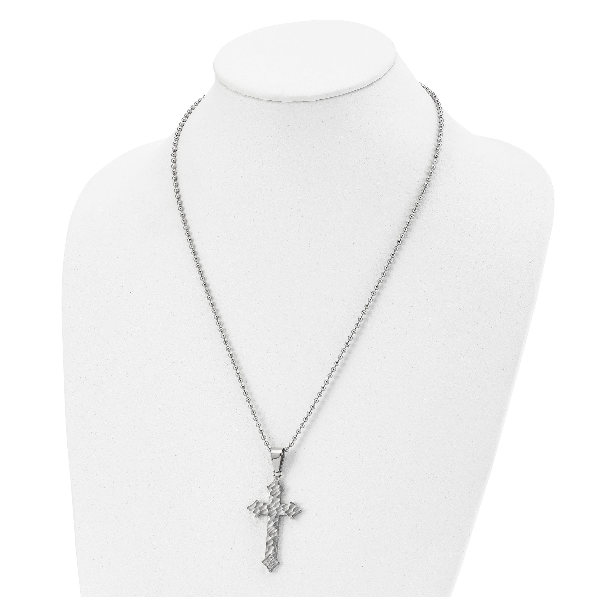 Chisel Stainless Steel Polished and Satin Hammered with CZ Cross Pendant on a 22 inch Ball Chain Necklace