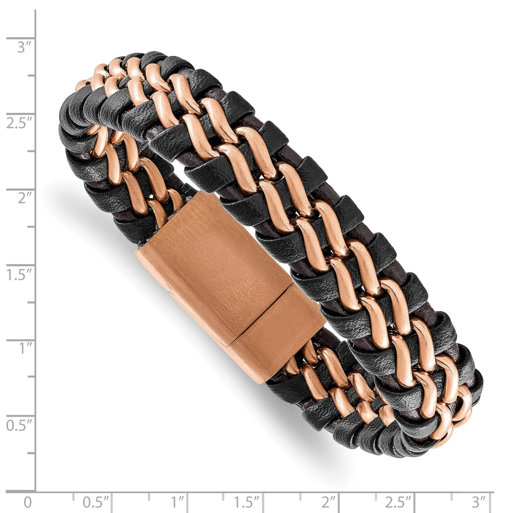 Stainless Steel Brushed Rose IP-plated Dark Brown Leather Bracelet for Men