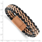 Stainless Steel Brushed Rose IP-plated Dark Brown Leather Bracelet for Men