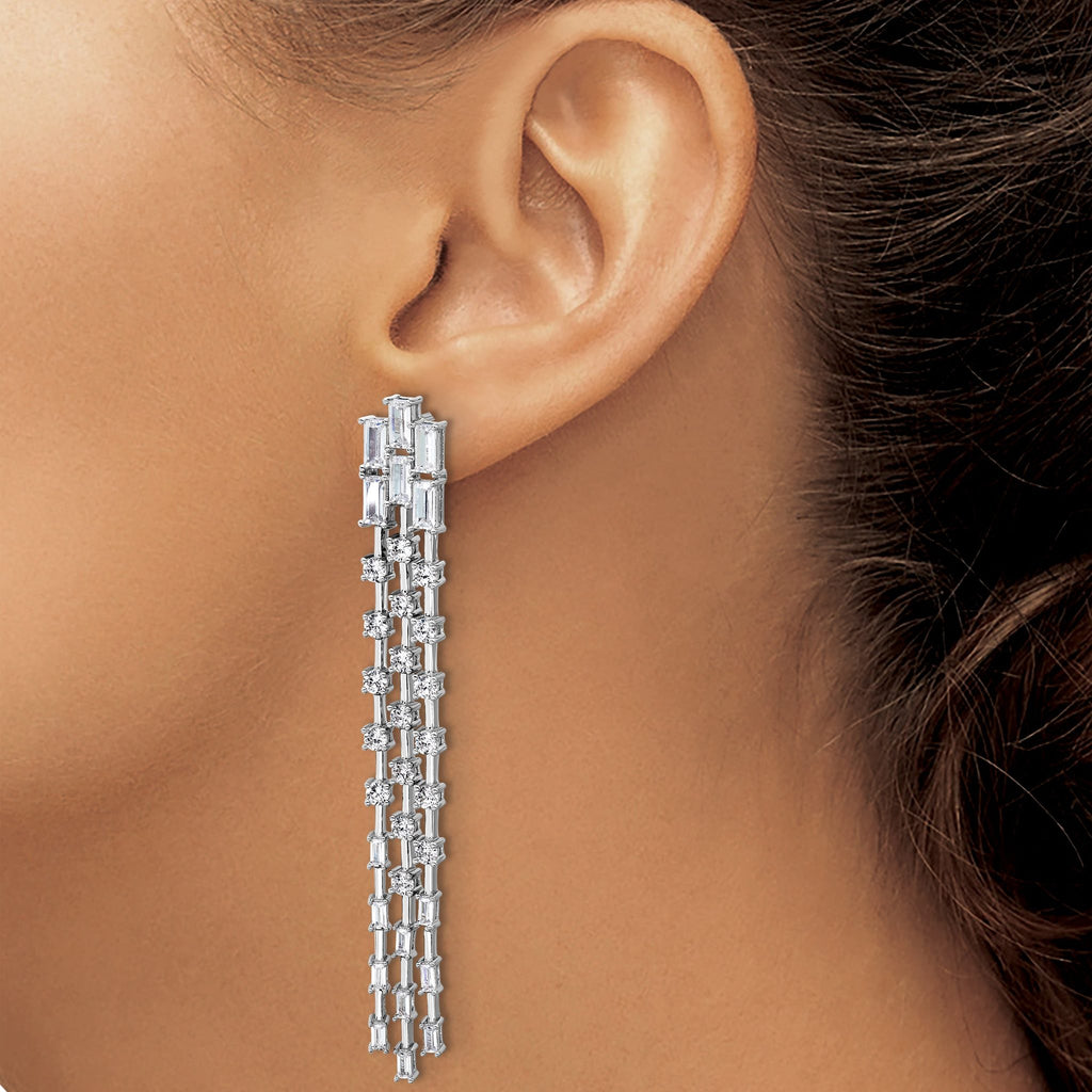 Cheryl M Sterling Silver Rhodium-plated Polished Fancy 3-Row CZ Post Dangle Earrings