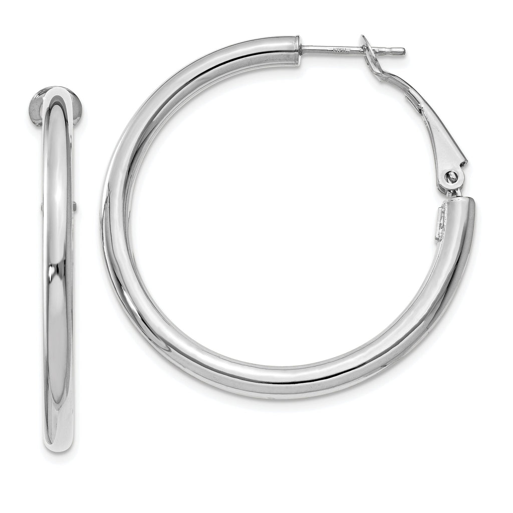 14K White Gold Polished Omega Back Hoop Earrings for Women