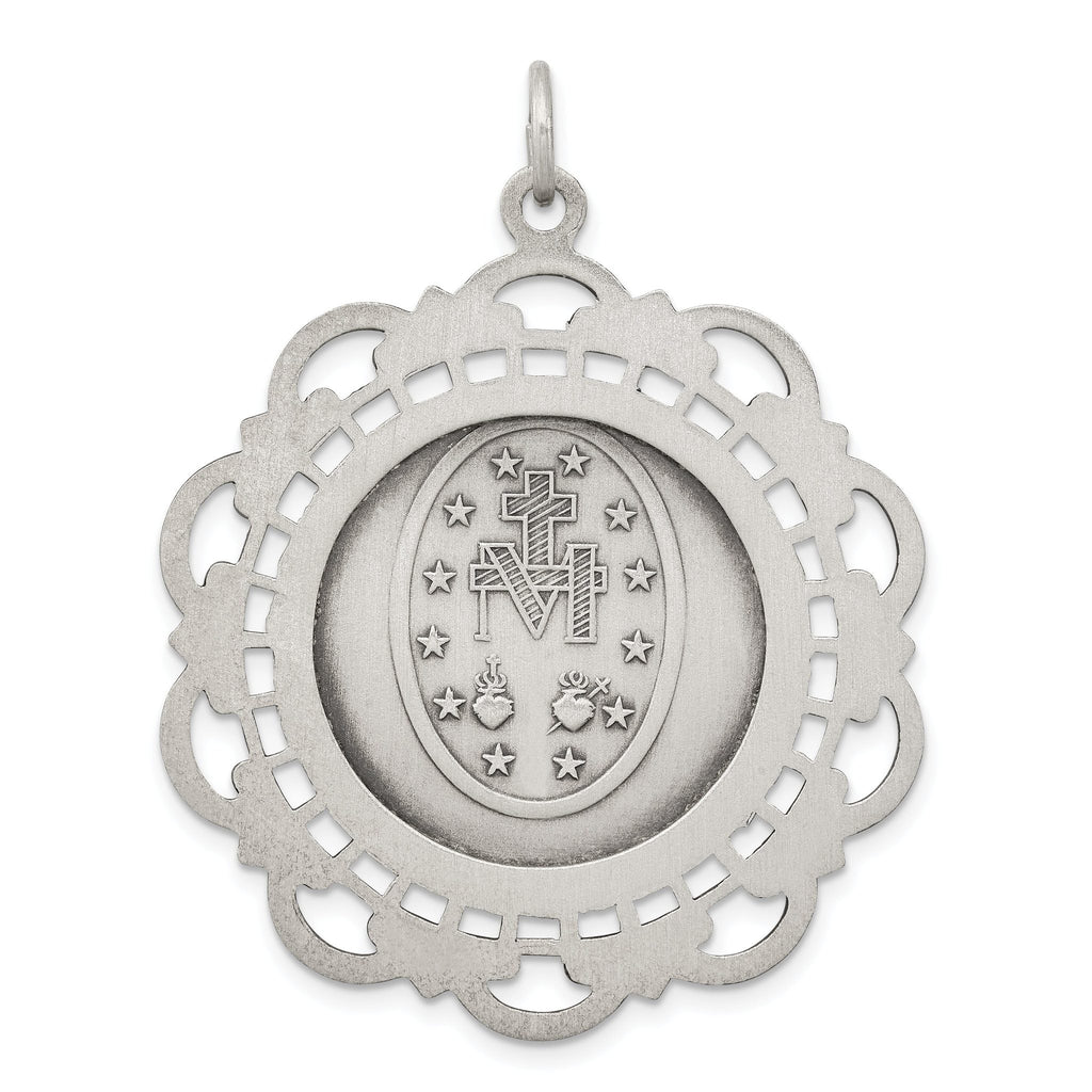 Sterling Silver 925 Antiqued Miraculous Medal Pendant Vintage-Inspired 45mm