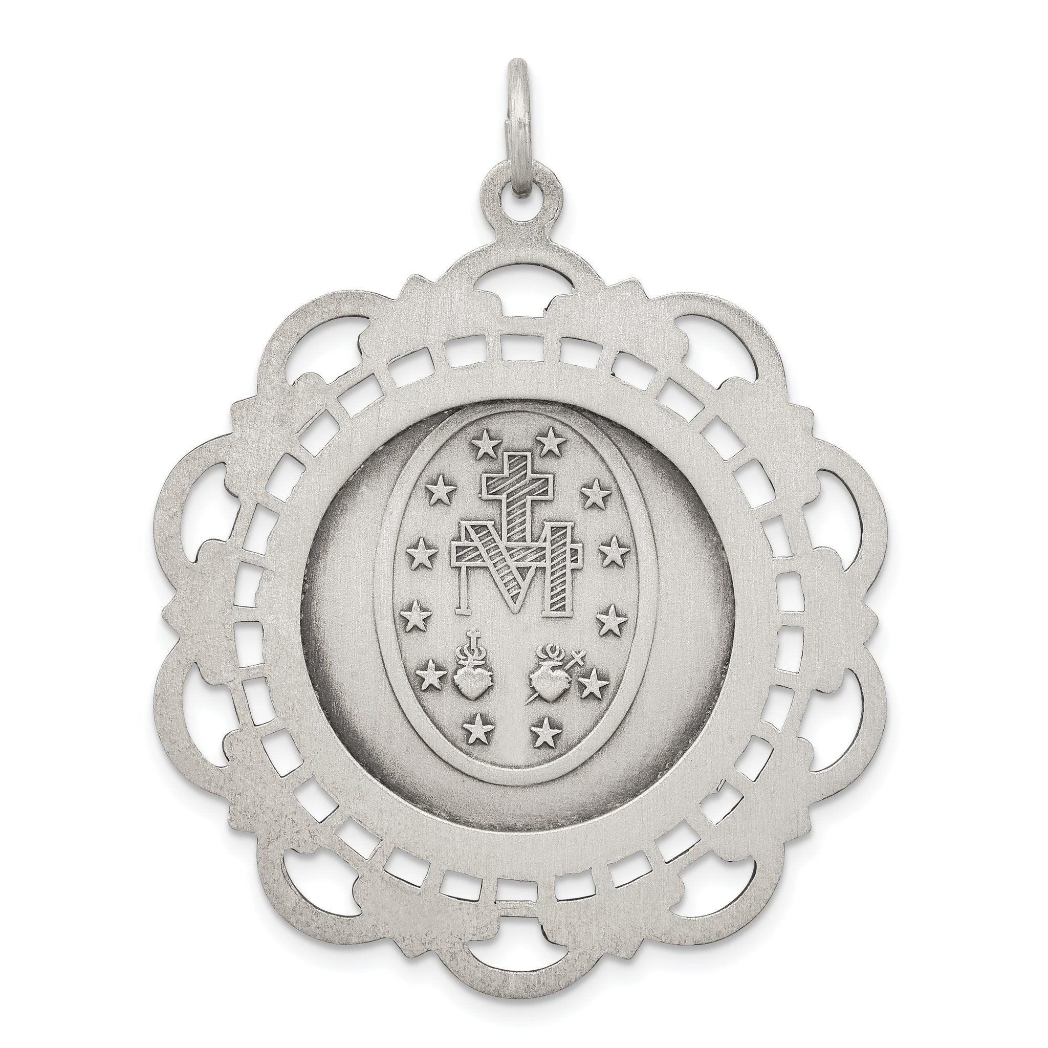 Sterling Silver 925 Antiqued Miraculous Medal Pendant Vintage-Inspired 45mm