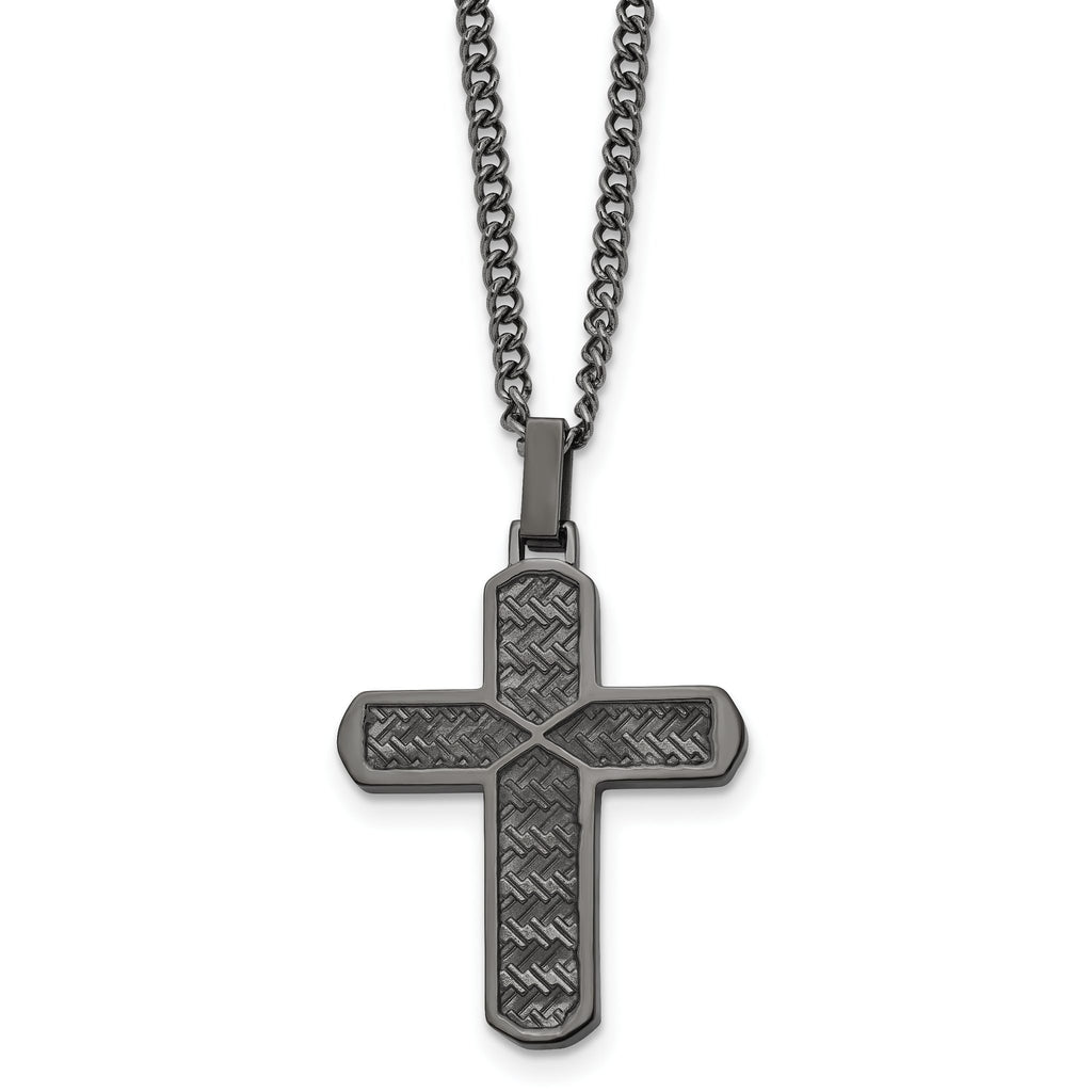 Chisel Stainless Steel Polished and Textured Gun Metal IP-plated Cross Pendant on a Curb Chain Necklace