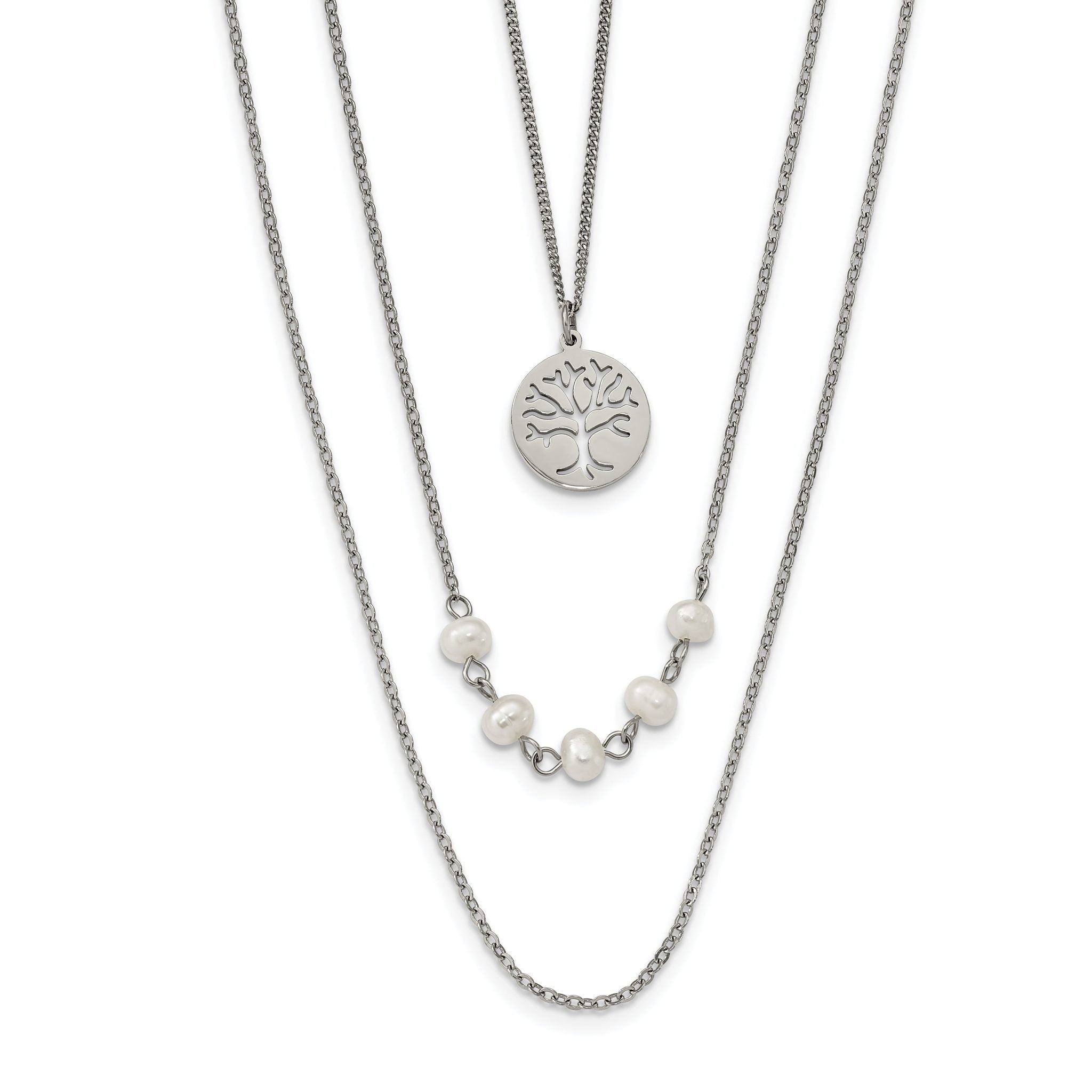 Chisel Stainless Steel Polished with Freshwater Cultured Pearls and Tree Pendant on 31 inch with 2 inch Extension Multi Chain Necklace Main image