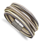 Stainless Steel Polished Multi-Strand Metallic Faux Leather Bracelet for Women