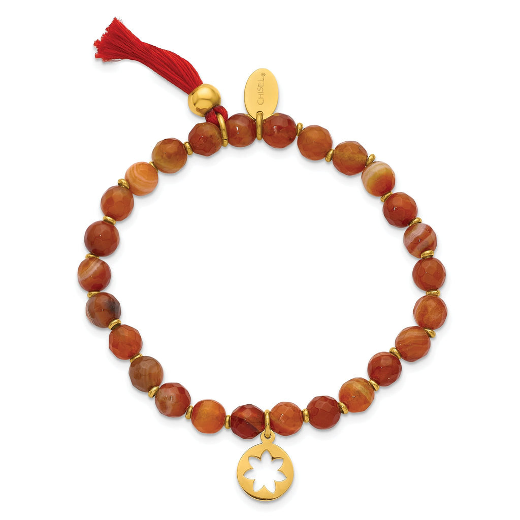 Stainless Steel Polished Yellow IP-plated Flower 6mm Orange Agate Beaded with Tassel Stretch Bracelet for Women