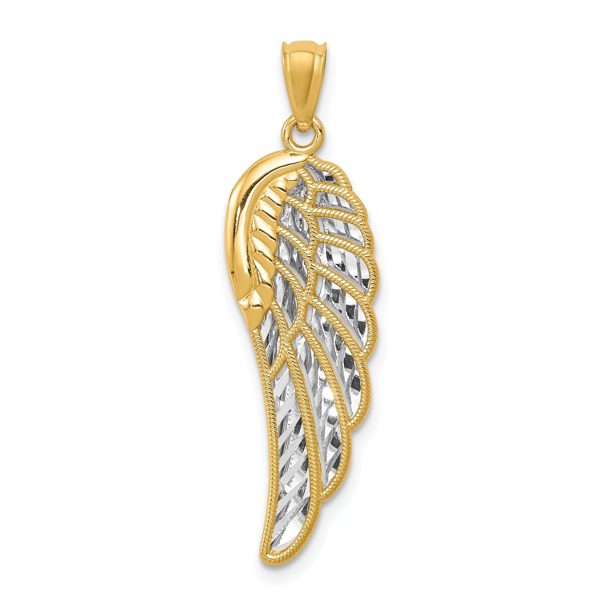 14K Gold and Rhodium Angel Wing Pendant with 3D Diamond-Cut Detailing Main image