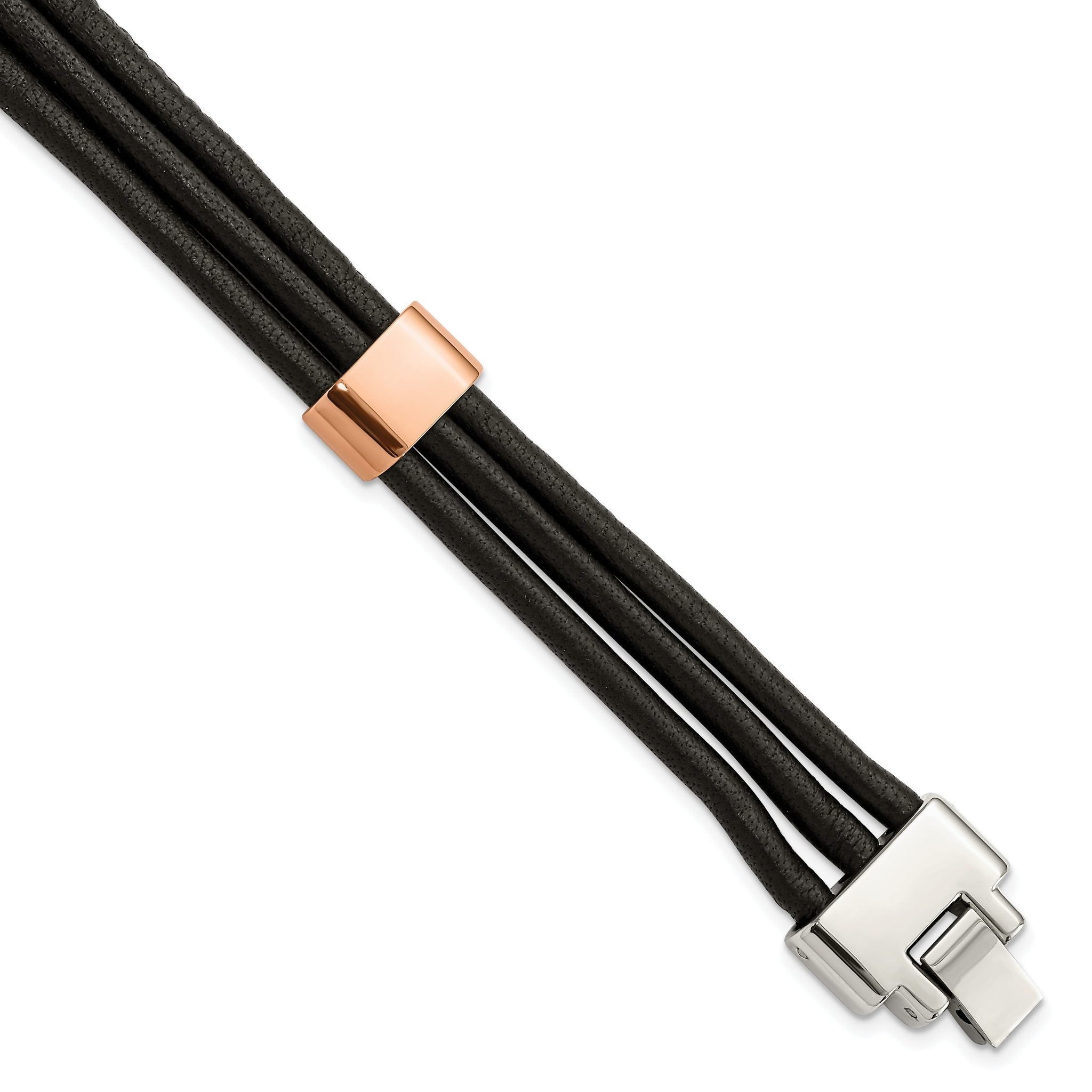 Stainless Steel Polished Rose IP-plated Multi Strand Black Leather Bracelet for Men Main image