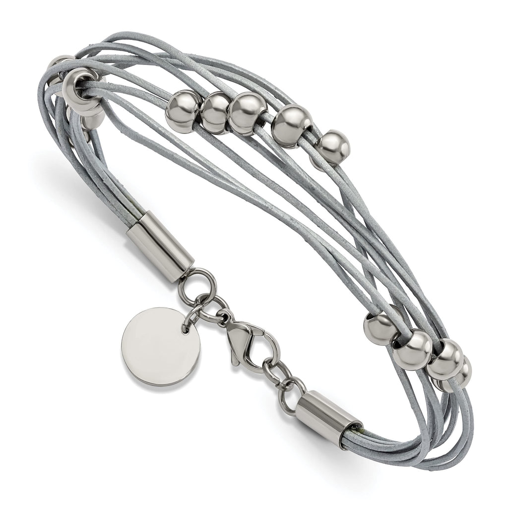 Stainless Steel Polished Beaded Multi-Strand Grey Leather Bracelet for Women