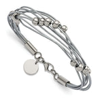 Stainless Steel Polished Beaded Multi-Strand Grey Leather Bracelet for Women