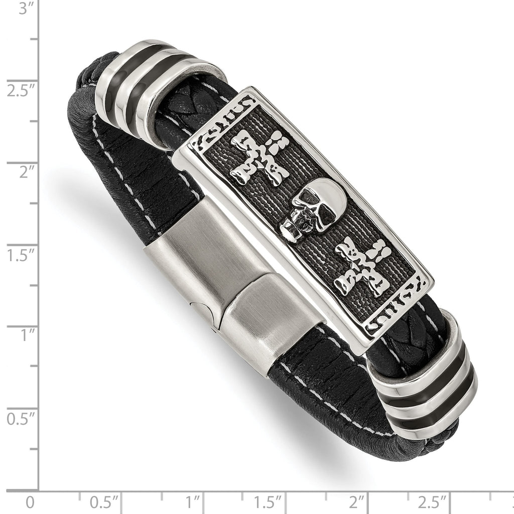 Stainless Steel Antiqued and Polished Enameled Skull with Crosses Black Braided Faux Leather Bracelet for Men