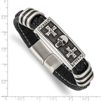 Stainless Steel Antiqued and Polished Enameled Skull with Crosses Black Braided Faux Leather Bracelet for Men