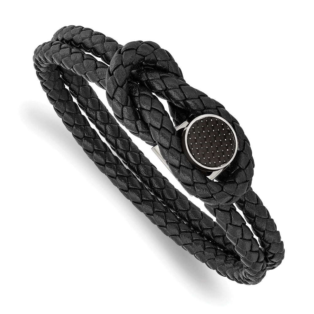 Stainless Steel Polished with Black Carbon Fiber Inlay Black Braided Leather Bracelet for Men