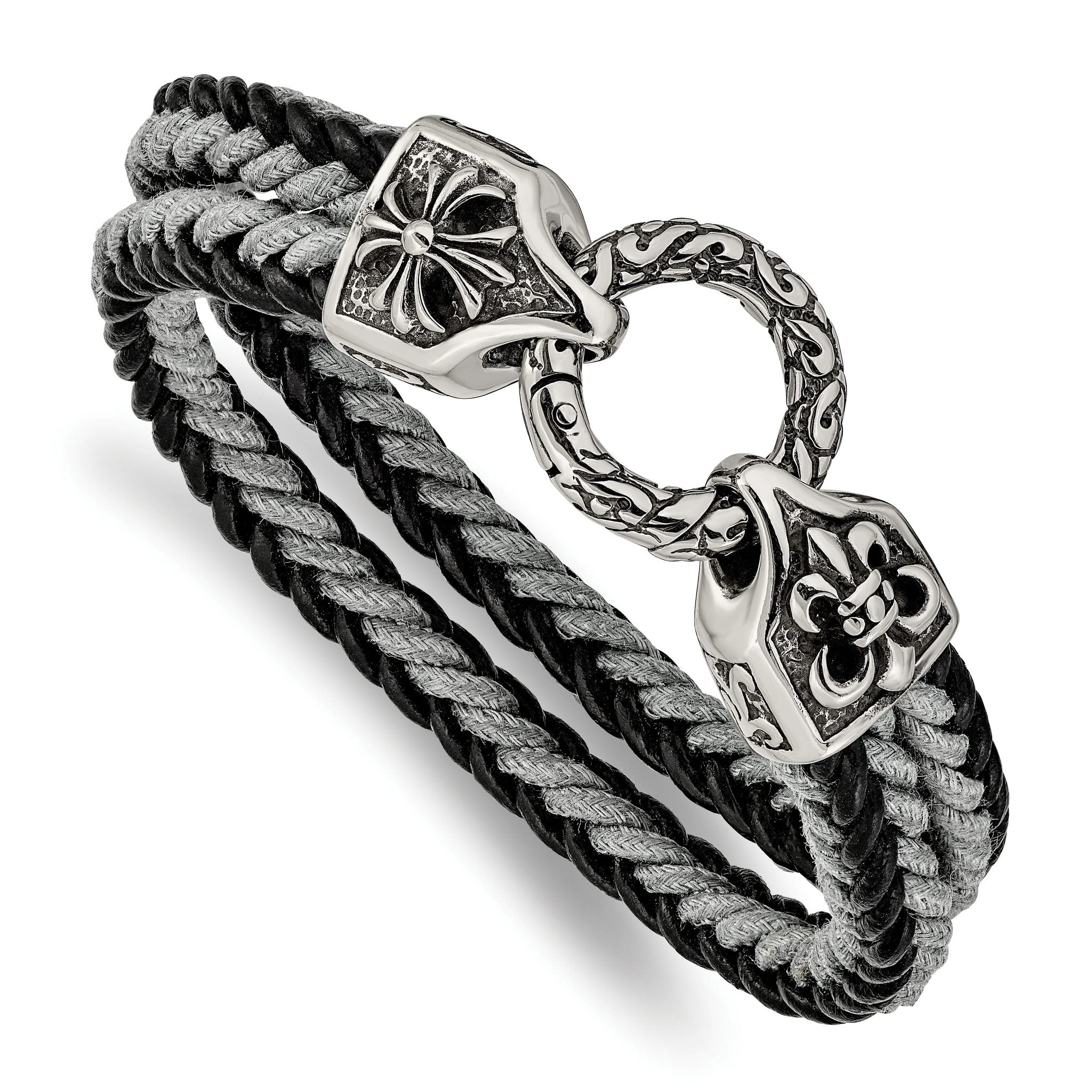 Stainless Steel Antiqued & Polished Leather/Cotton Braided Bracelet for Men
