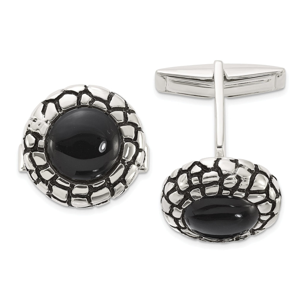 Sterling Silver Round Onyx and Enamel Cuff Links