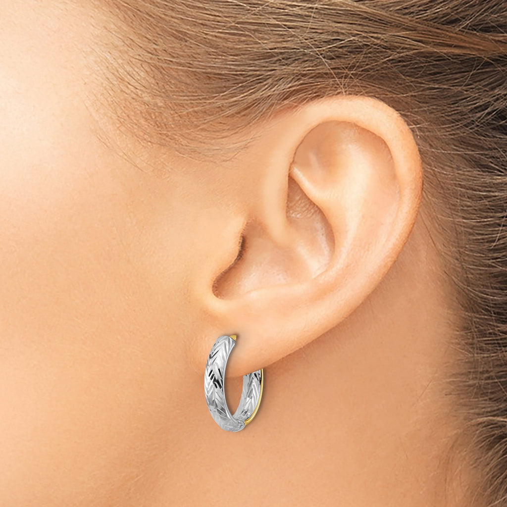 14K w/Rhodium Polished/Dia-cut Hinged Hoop Earrings