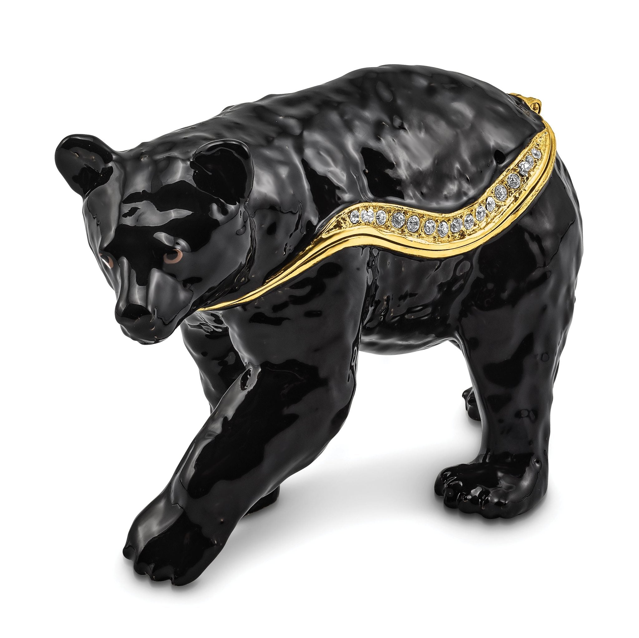 Luxury Giftware Pewter Bejeweled Crystals Gold-tone Enameled SMOKEY Walking Black Bear Trinket Box with Matching 18 Inch Necklace Main image