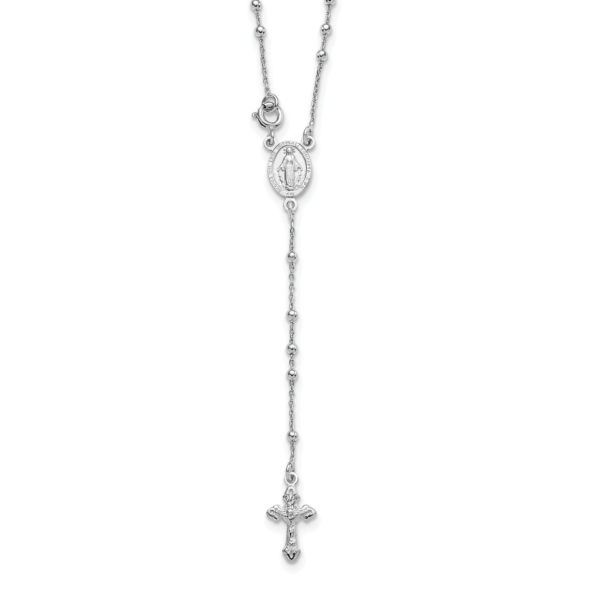 Sterling Silver Rhodium-Plated Beaded Rosary Necklace for Women Polished Elegance